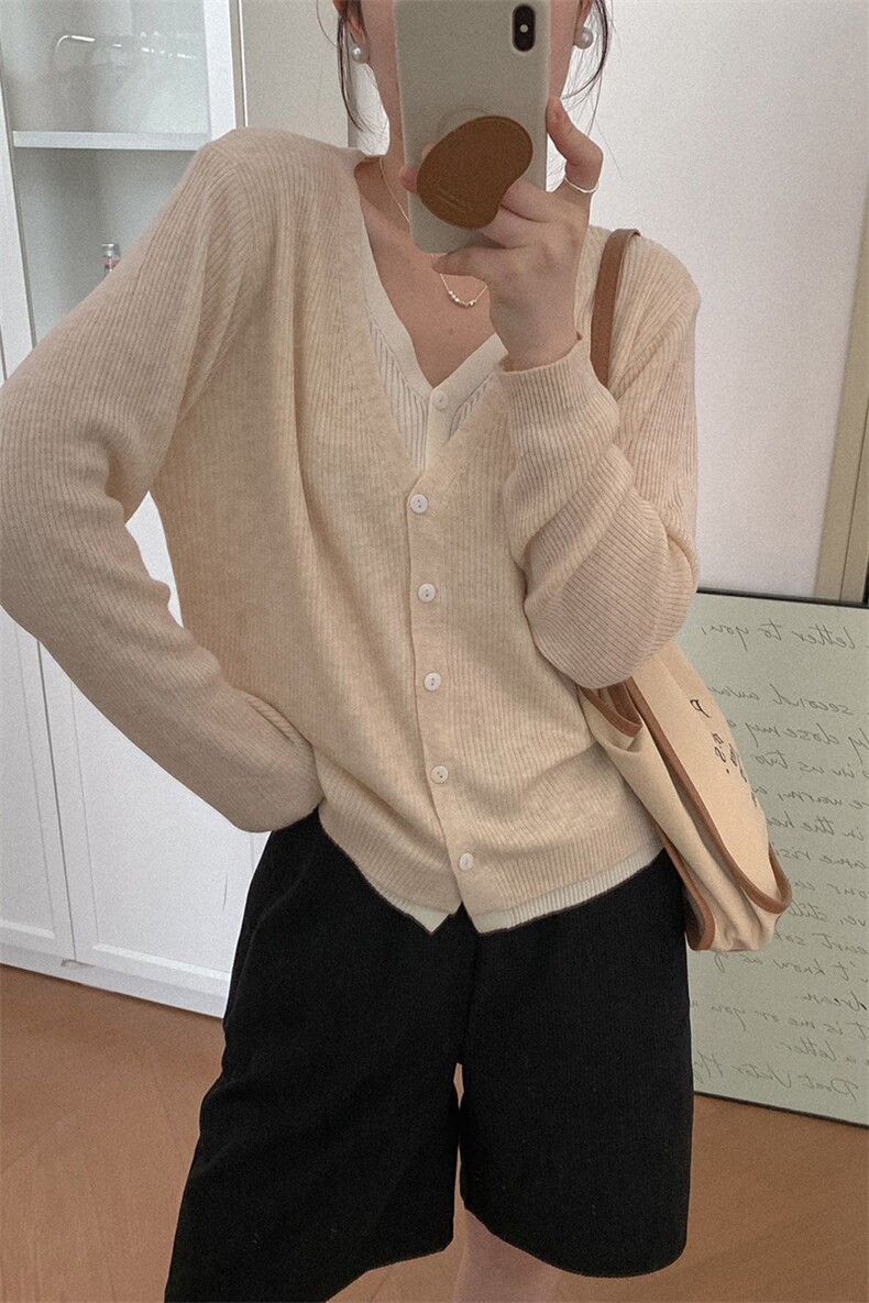 春季新款时尚百搭女士V领两件套开衫,针织衫/毛衣,佰米娇羊绒