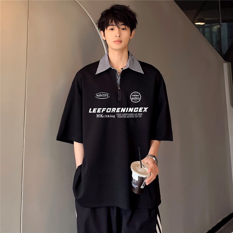 假两件POLO衫时尚高级复古男女同款做旧印花短袖夏季T恤T73-P48,男装T恤,电商C307