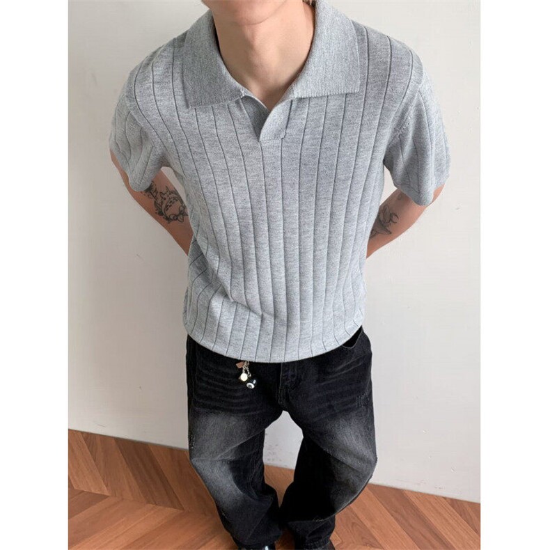 新款老钱风羊毛混纺条纹针织短袖T恤纯色编织坑条V领POLO衫男,男装Polo衫,星座1013