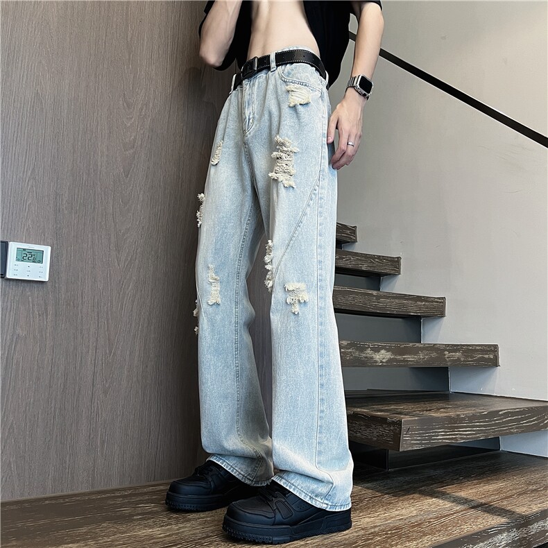 DXK8083-P48美式高街复古蓝破洞牛仔裤高腰直筒微喇裤夏季弯刀裤,男装牛仔裤,星座603-2