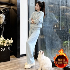 韩版开衫加绒卫衣套装女秋冬保暖新款连帽宽松上衣长裤时尚两件套，女装套装/套裙，江南
