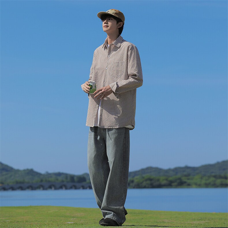 春装小格子长袖衬衫男宽松休闲大码衬衣C507P35,男装衬衫,电商C323