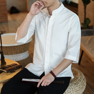 春夏纯色百搭休闲七分袖衬衫男修身立领衬衣男大码开衫CS509-P45