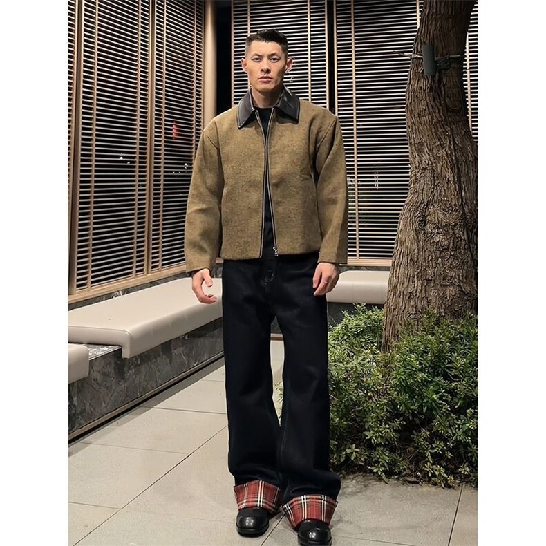 老钱风毛呢翻领拼接短款外套男秋冬季高级感boxy版型宽松正肩夹克,男装夹克,星座506A