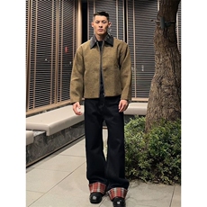 老钱风毛呢翻领拼接短款外套男秋冬季高级感boxy版型宽松正肩夹克，男装夹克，星座506A