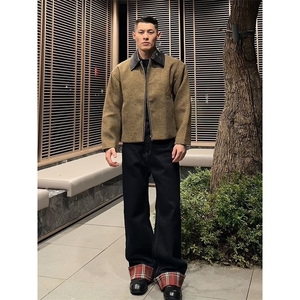 老钱风毛呢翻领拼接短款外套男秋冬季高级感boxy版型宽松正肩夹克图片