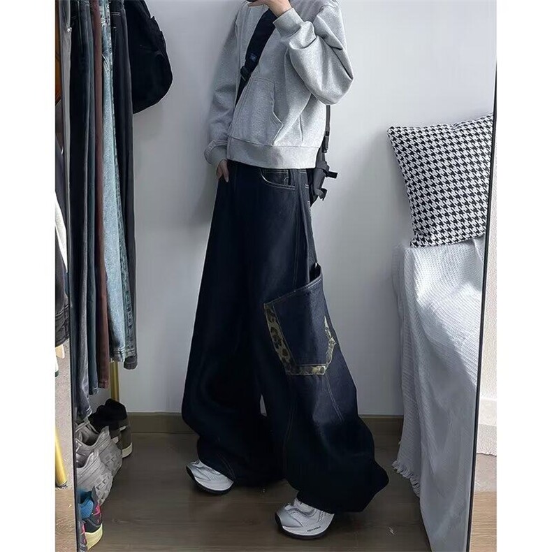 美式复古街头设计感廓形弯刀牛仔裤宽松阔腿拖地长裤香蕉裤镰刀裤,男装牛仔裤,星座410-7