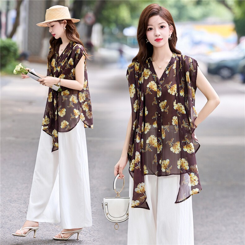 2025夏季新款设计感气质法式复古印花收腰衬衫阔腿裤两件套，女装套装/套裙，妙形