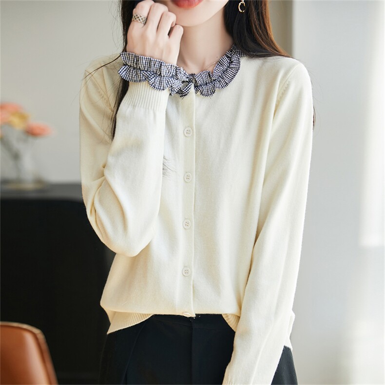 法式温柔格纹木耳花边针织开衫女2025新设计感宽松毛衣短外套上衣，女装针织衫/毛衣，菲奥羊绒