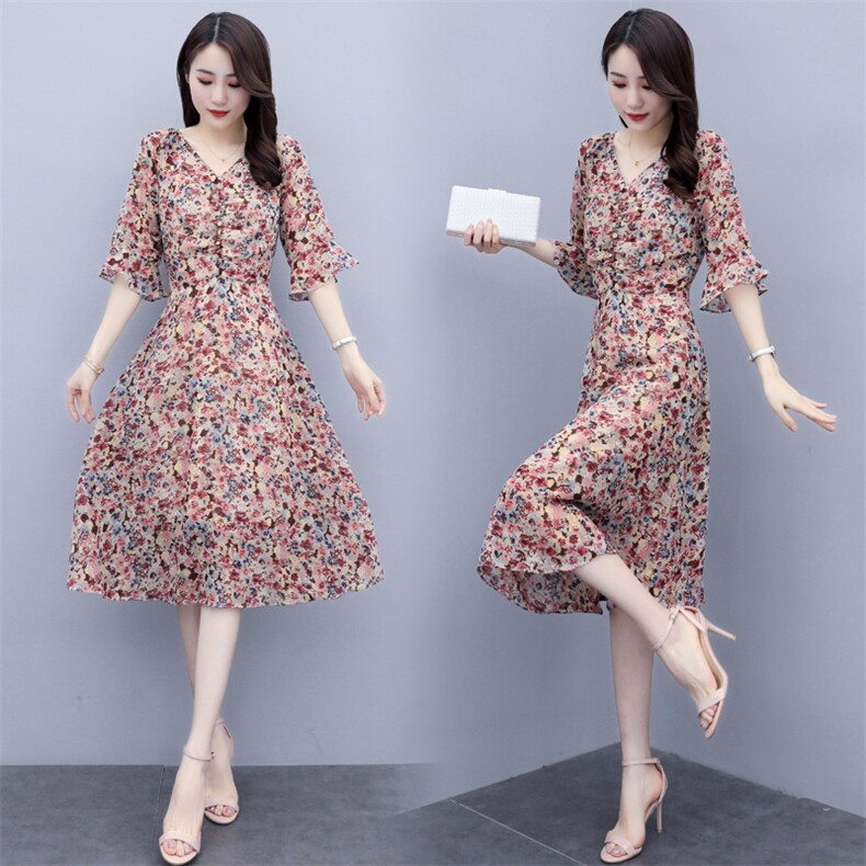 连衣裙五分袖中长款印花2021年夏季淑女V领通勤花色，女装连衣裙，岚衣(原川流布茜）
