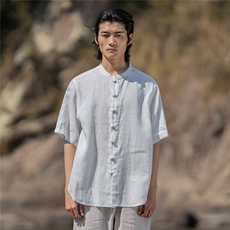 纯亚麻夏季薄款宽松短袖上衣风复古唐装盘扣衬衫男CS02，男装T恤，星座704A（原B229A）