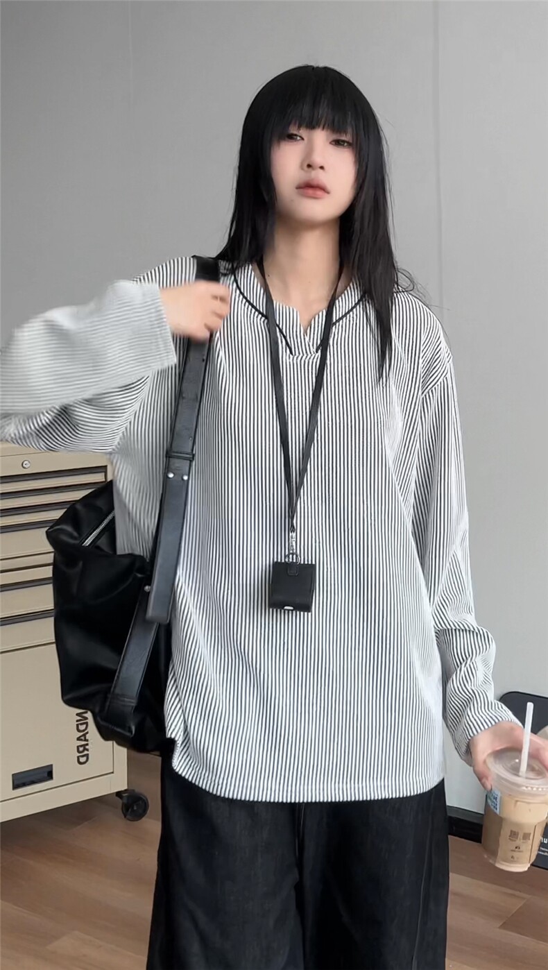 V领潮流美式复古长袖设计感打底衫T恤男秋季宽松百搭特P38,男装T恤,电商C306-1