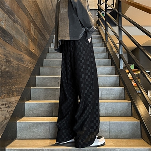 8XL-M特大码港风重磅棋盘格卫裤男士休闲运动裤直筒阔腿裤K961P60图片