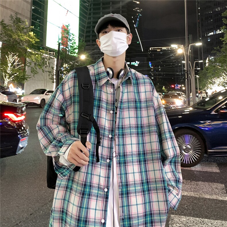 港风夜景小方格长袖翻领衬衫A247-S80P38控55,男装衬衫,电商A247