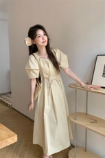 系带收腰连衣裙女夏褶皱泡泡袖显瘦中长裙2C276-L3440-P110-K155，女装连衣裙，2C276