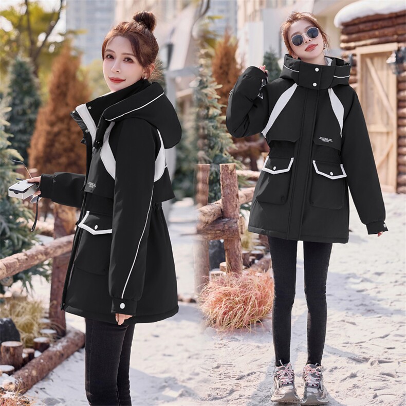 撞色羽绒服女中长款2025年新款连帽派克服外套韩版户外保暖羽绒女,女装羽绒服,意芙