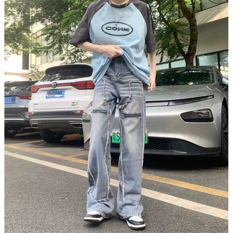 美式牛仔裤男款秋季长裤拼接拉链潮 NB61 P68图片