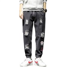 2021春季新日系大码男美式束脚星标印花破洞牛仔九分裤N8100-P55，男装牛仔裤，电商A001