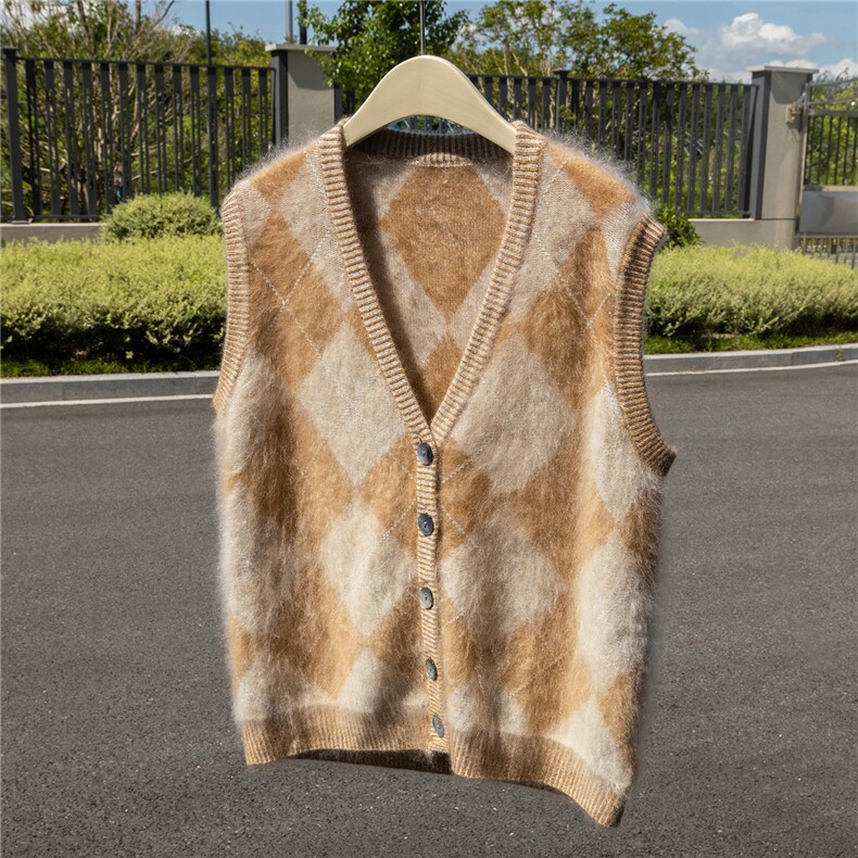 HE|真拉绒工艺！拼色A规100%纯山羊绒针织马甲女V领宽松开衫毛衣，女装羊绒衫，诚赞羊绒