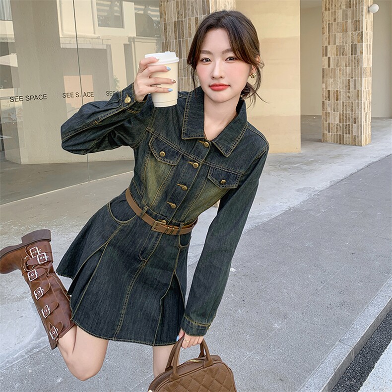 港风复古小个子牛仔衬衫连衣裙女2026春季新款收腰修身显瘦短裙,女装连衣裙,印象茜