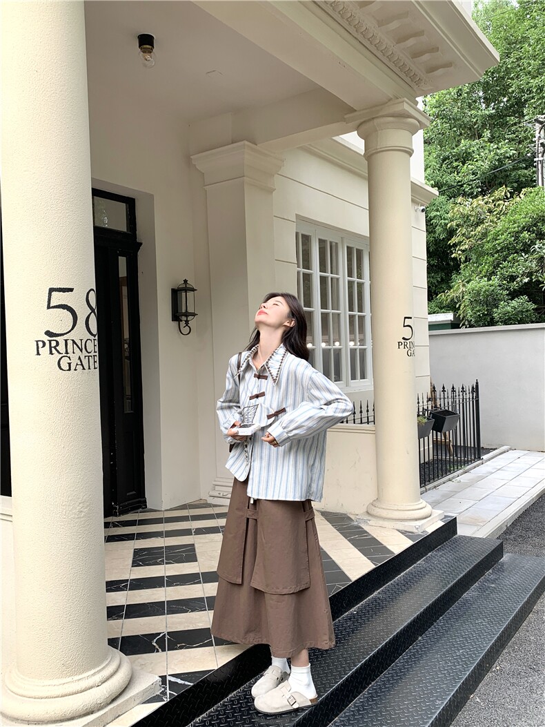 大货已出刺绣条纹衬衫+不规则半身裙套装5765-P185K268,女装套装/套裙,2C332