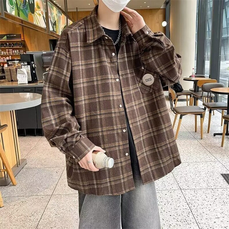 美式复古格子衬衫男女秋季新款长袖衬衣情侣外套ins潮流S51/P42,男装衬衫,星座506