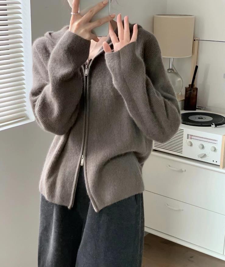 秋冬新款连帽针织拉链纯色毛衣女帽衫打底羊毛衫,女装羊毛衫,恩泰羊绒