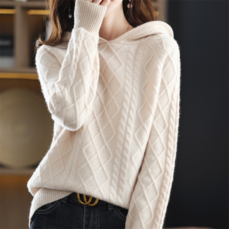 秋冬新款绞花加厚100%羊毛衫女连帽插肩宽松毛衣羊绒衫针织打底衫，女装羊毛衫，冀清阳荣