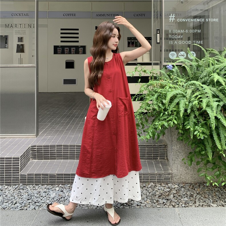 红色无袖衬衫叠穿连衣裙女夏波点阔腿裤两件套装裙巨好看超火爆款,女装套装/套裙,蝶眷