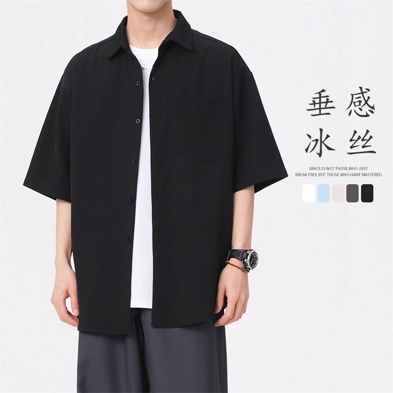 冰丝衬衫X2393-TP3548 夏季新款港风百搭宽松休闲五分袖衬衫图片