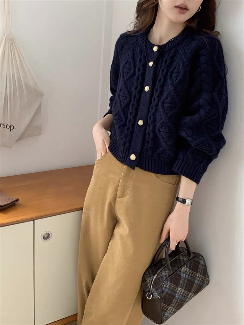 重磅加厚100%纯羊毛开衫女圆领菱形绞花短款外套宽松长袖毛衣外搭,针织衫/毛衣,思途羊绒