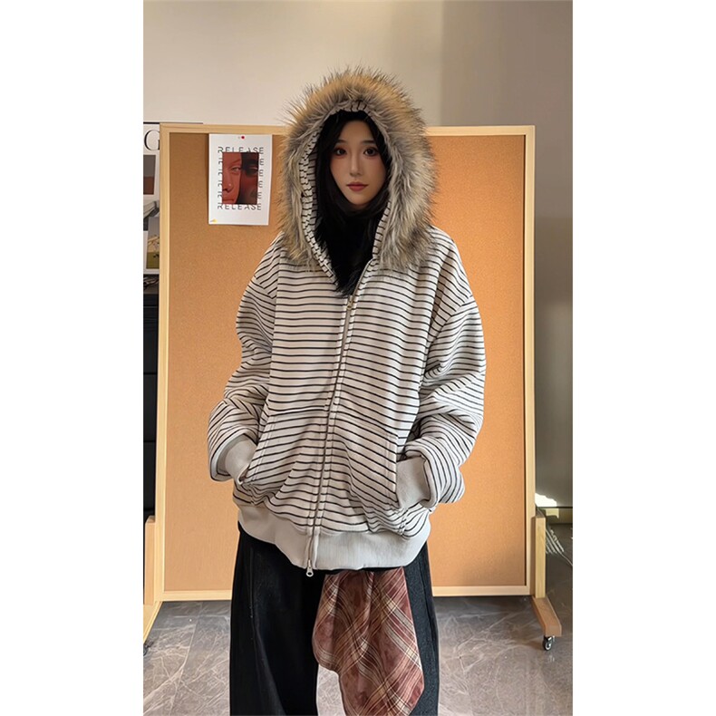 可拆卸毛领加绒卫衣慵懒风撞色条纹百搭男女DZ51214-TP80168,男装卫衣,电商A102