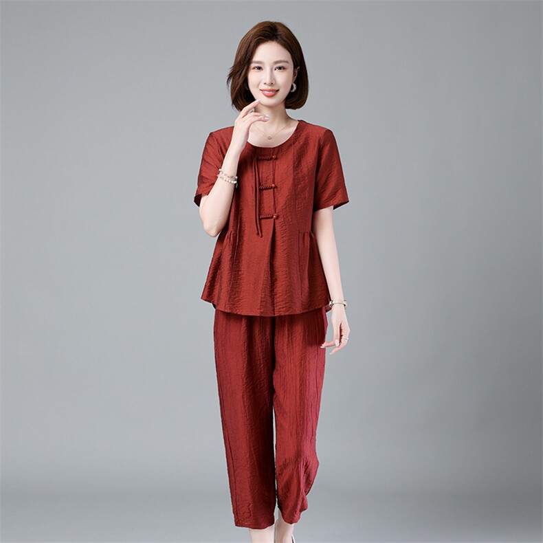 现货2024新款夏季薄款盘扣小众设计圆领休闲时尚套装两件套,女装套装/套裙,深水步
