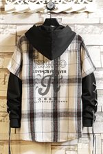 709-C809-P752021春秋新款港风情侣连帽宽松休闲格子衬衫外套男，男装衬衫，星座709