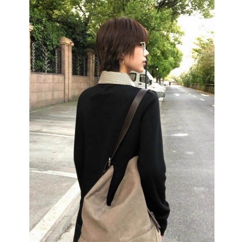 现货千鸟格拼接翻领T恤长袖上衣情侣款男女CX01-TP35,男装T恤,星座910A