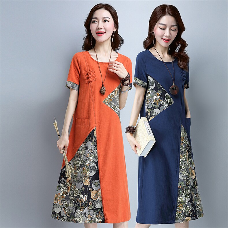 连衣裙花色通勤圆领宽松腰套头大摆型2021年夏季短袖长裙贴布口袋拼接，女装连衣裙，丽影随形