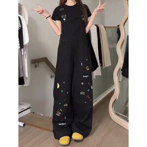 小狗刺绣牛仔背带裤女夏季新款复古高街直筒拖地连体裤 N688图片