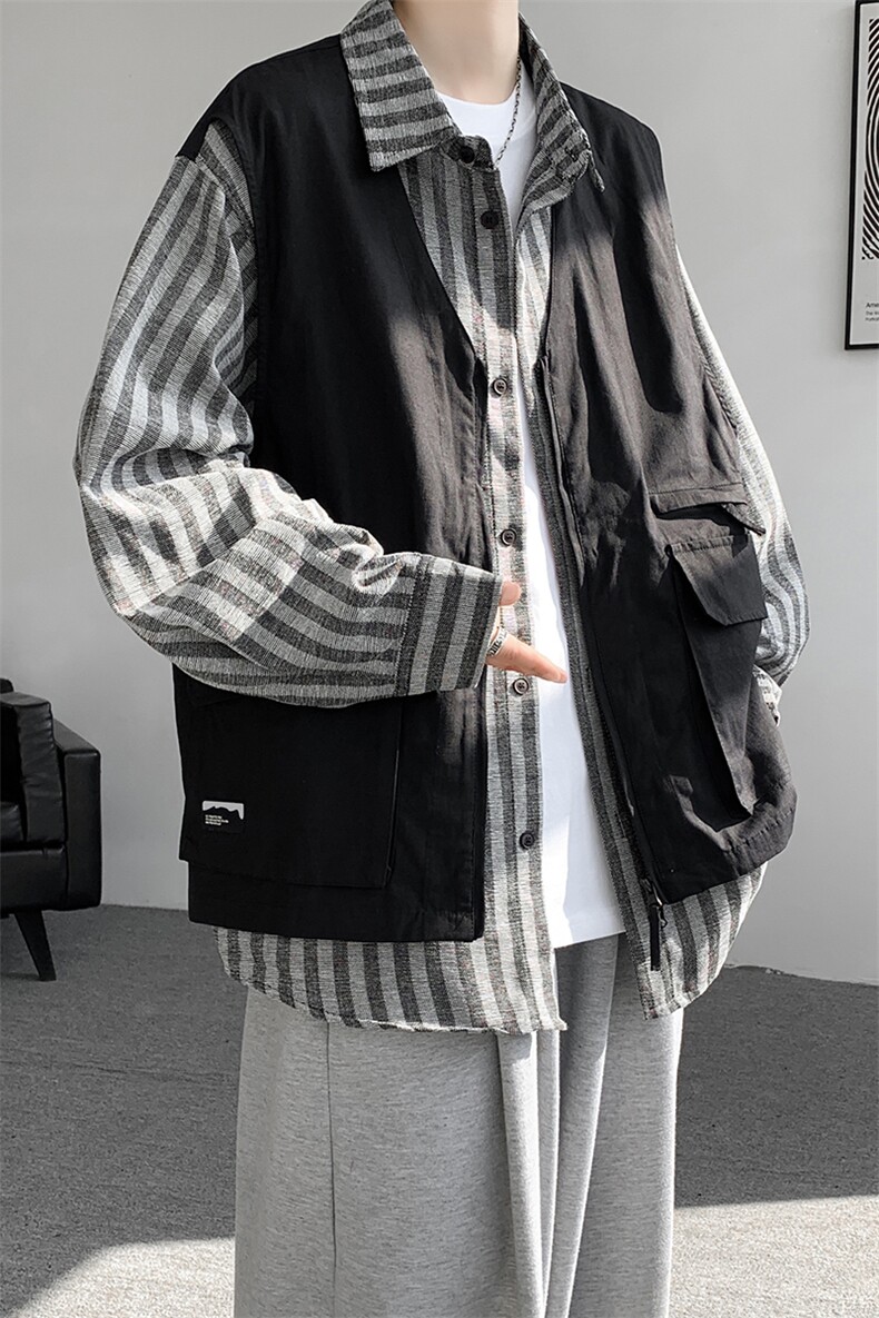 8XL-M特大码衬衫男假两件拼接衬衫新中式坎肩马甲外穿CS508TP68,男装衬衫,电商D206-1