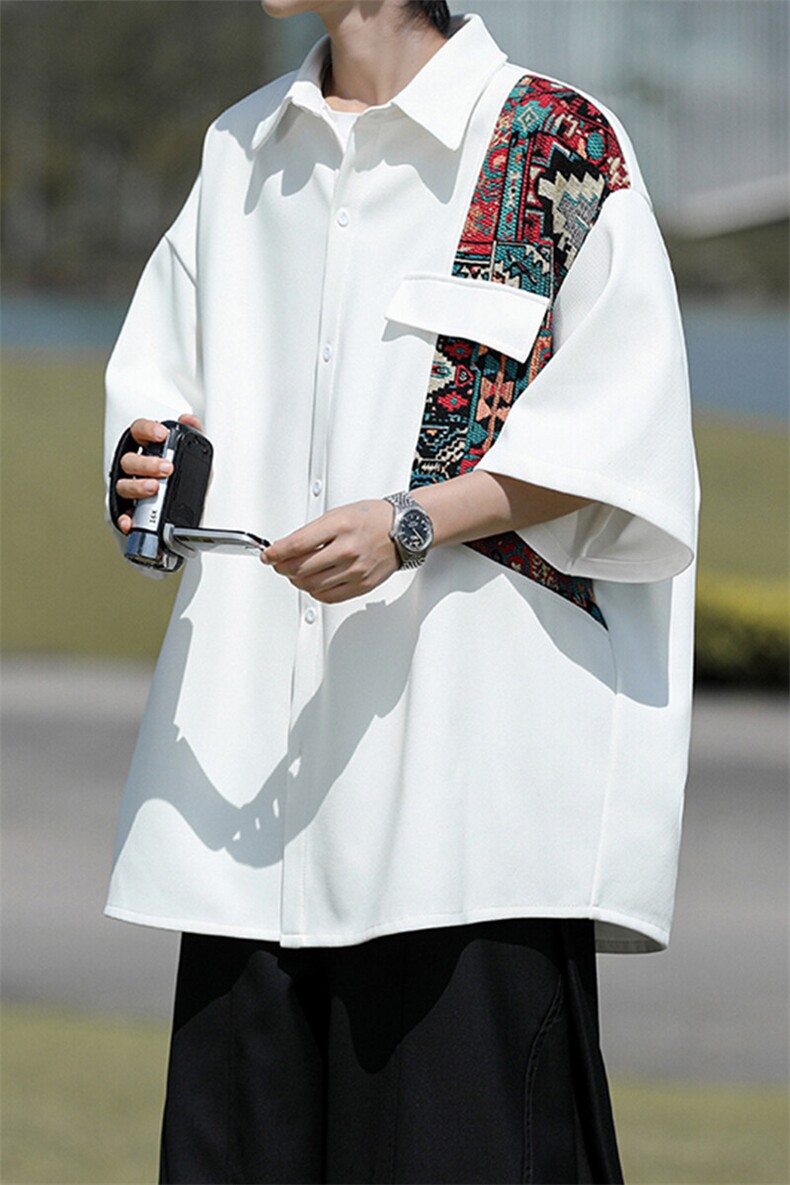 8XL-M民族风拼接短袖衬衫男夏季痞帅半袖衬衣薄款外套DC28009P45,男装衬衫,电商B312