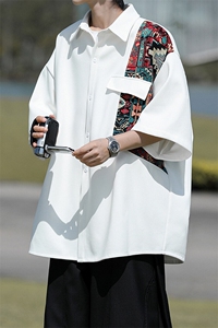 8XL-M民族风拼接短袖衬衫男夏季痞帅半袖衬衣薄款外套DC28009P45图片
