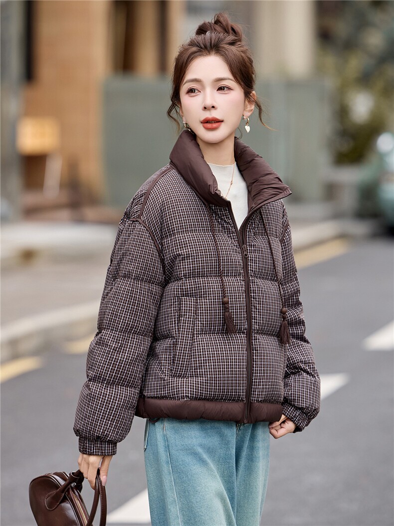 【现货现货】2025冬季新款格子羽绒服短款加厚保暖90白鸭绒面包服,女装羽绒服,一安秀