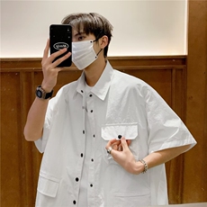 日系复古工装衬衫男短袖t恤夏季薄款半袖衬衣男tee百搭休闲上衣男，男装T恤，星座1210-1
