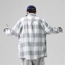 2021秋季新无影墙港风宽松翻领休闲大码男格子衬衫C512-P40，男装衬衫，电商A001