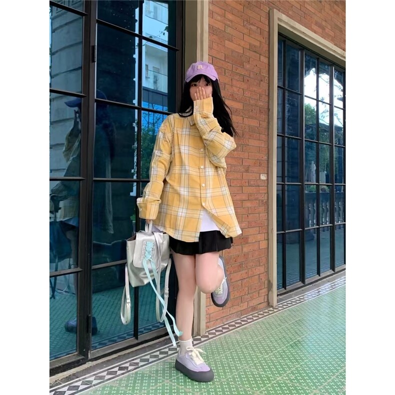 黄色格子polo领长袖衬衫外套女秋季设计感宽松衬衣中长款开衫上衣,男装衬衫,星座1210-1