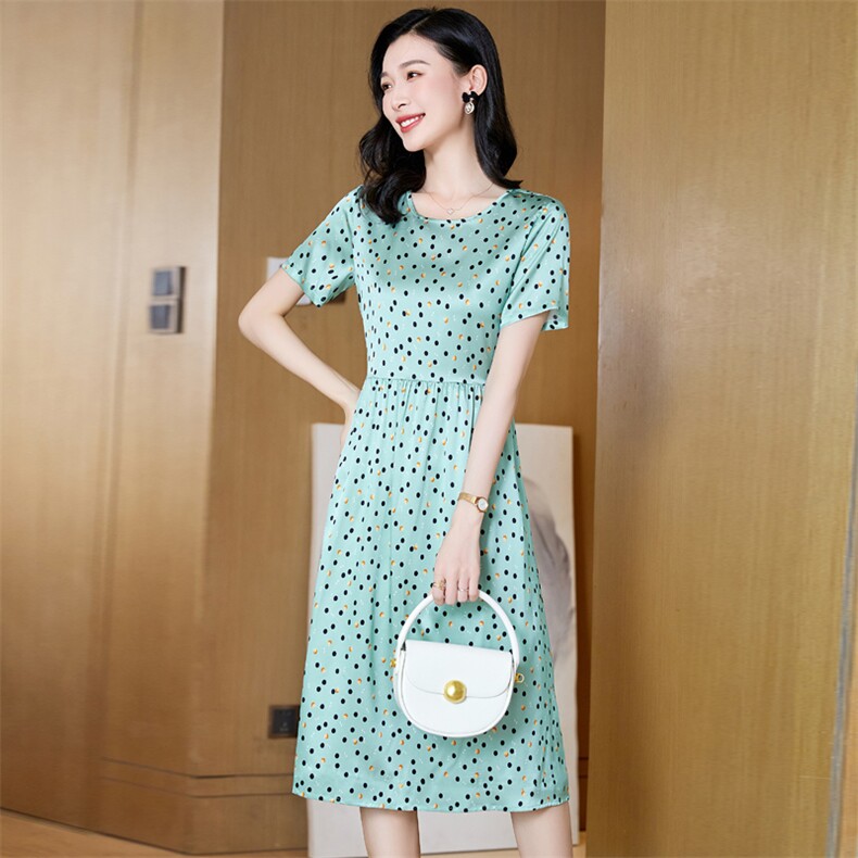 杭州真丝连衣裙女2025夏季新款高端桑蚕丝中年妈妈装圆点收腰裙子,女装连衣裙,阿舍尔精品