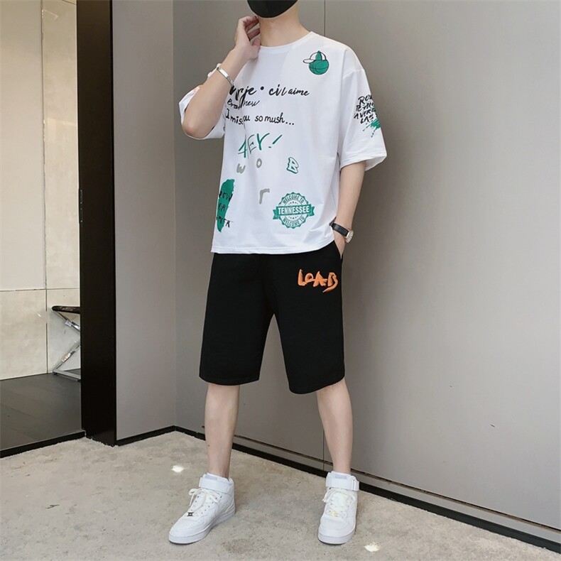 新款夏季潮流体恤吸汗透气男装宽松短袖T恤休闲套装F310P58,男装休闲套装,电商A086