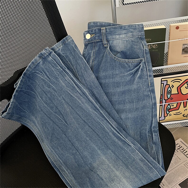 25年新款~水洗闪电裂纹蓝色牛仔裤新款潮牌垂感宽松直筒裤子潮流图片