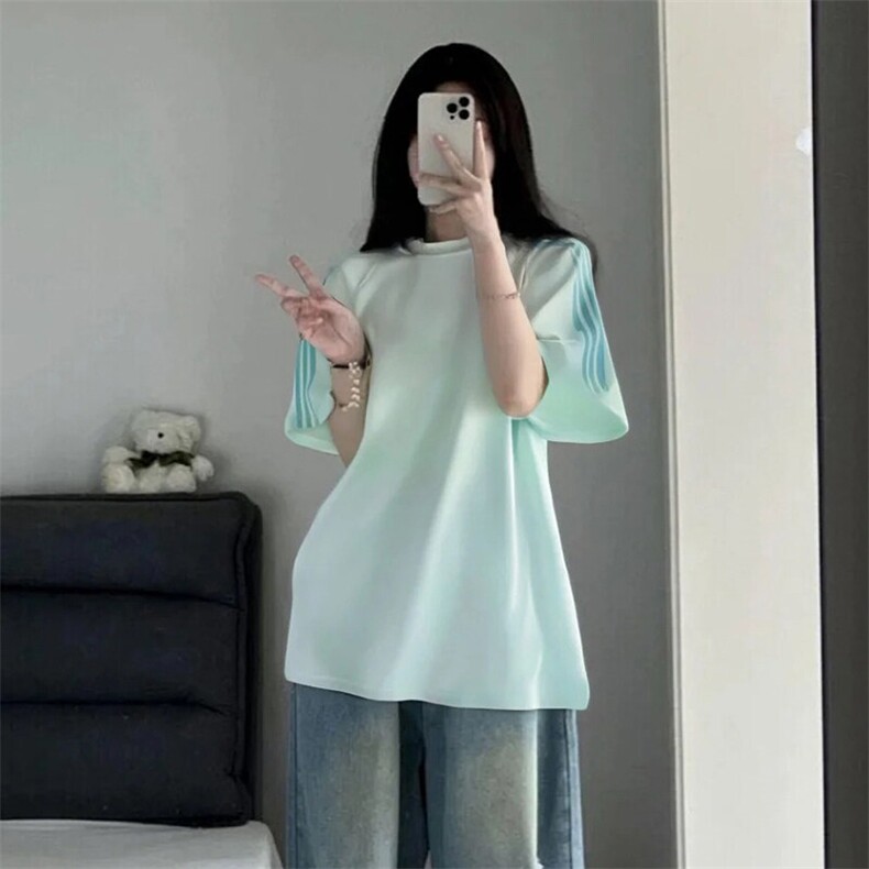 抖音得物品质二开240克宽松纯棉美式潮牌印花三条杠中性风短袖T恤,男装T恤,电商A486