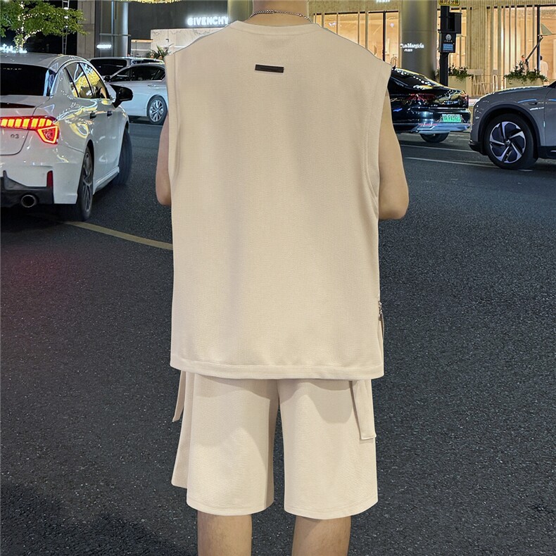 抖音高品质同面料短袖坎肩无袖T恤潮流男套装D088/P65杏,男装T恤,电商A094