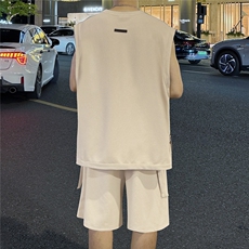 抖音高品质同面料短袖坎肩无袖T恤潮流男套装D088/P65杏，男装T恤，电商A094